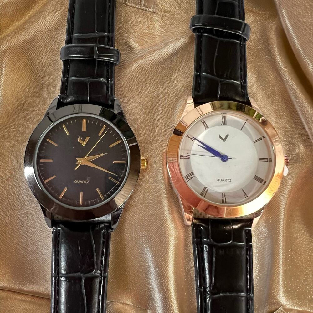 His & Hers 2pc Analog Wrist Watch Set Gunmetal Rose Gold Black Faux Leather NIB